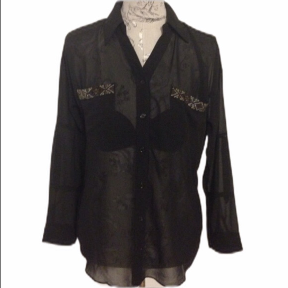 𝅺*moonlight Black Sheer Button Beaded Blouse…